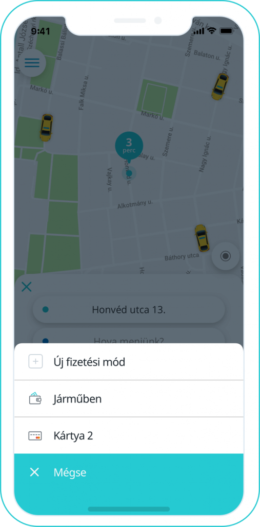 Taxi város rendelés autó sofőr utas applikáció app budapest hősök tere lánchíd rendelés idő hely